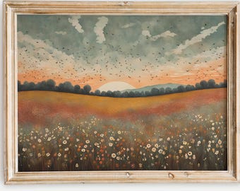Rustic Wildflower Field Art Print: Vintage Botanical Landscape (Digital Download)