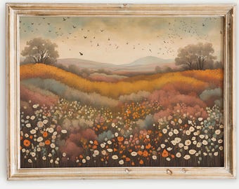 Vintage Wildflower Field Print: Rustic Botanical Wall Art (Digital Download)