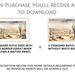 This image provides information about the standard sizes you will receive when purchasing our digital artwork, beautiful watercolor desert landscape