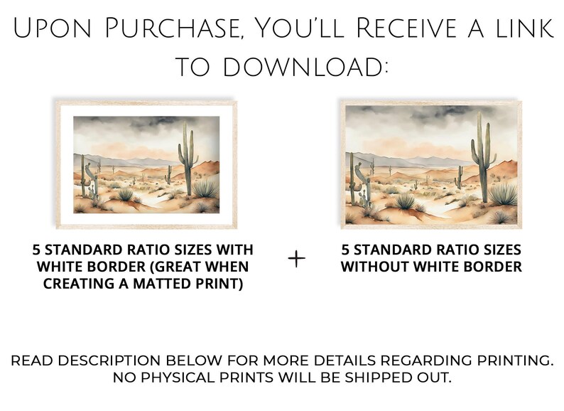 This image provides information about the standard sizes you will receive when purchasing our digital artwork, beautiful watercolor desert landscape