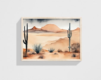 High Quality Watercolor Desert Landscape Art Print – Cactus, Sand Dunes, Hills, Minimalist Southwest Wall Decor - Printable Digital Download