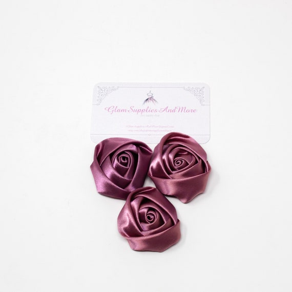 3 pieces Mauve 1.5/" satin rolled rosette DIY baby headband /& bows