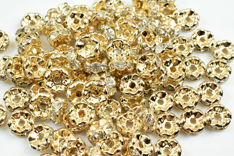 Clear Rhinestone 25 PCs 14K Gold Filled Roundel Spacer Beads Size 7mm Flower Spacer Findings Jewelry USA Seller