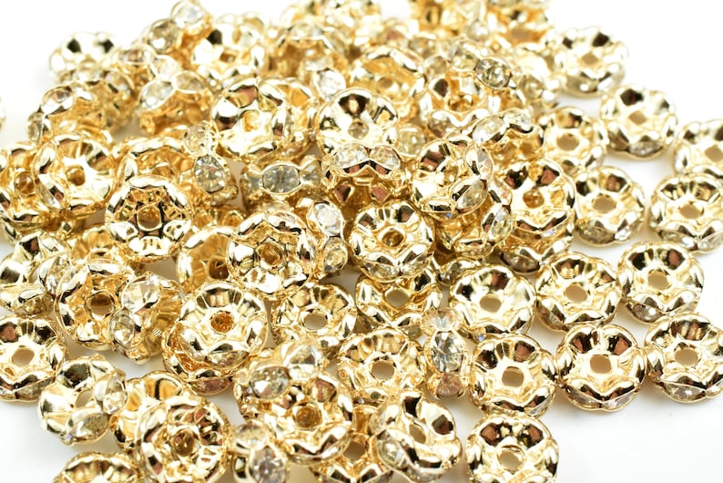 Clear Rhinestone 25 PCs 14K Gold Filled Roundel Spacer Beads Size 7mm Flower Spacer Findings Jewelry USA Seller
