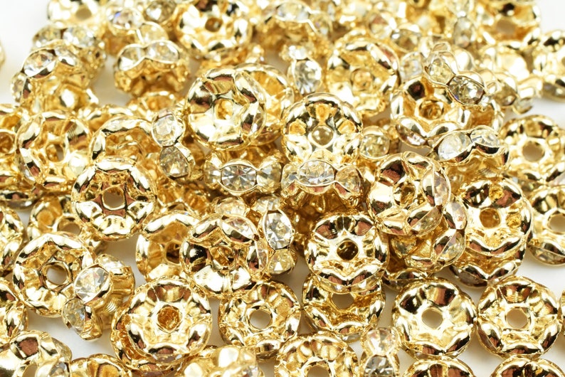 Clear Rhinestone 25 PCs 14K Gold Filled Roundel Spacer Beads Size 7mm Flower Spacer Findings Jewelry USA Seller