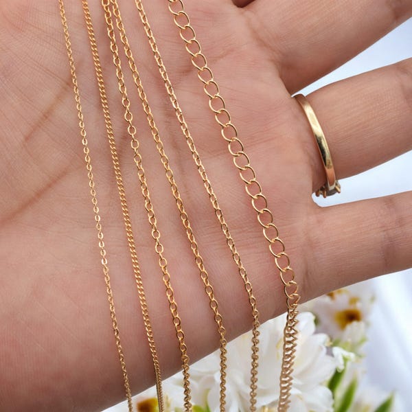 Guldfylld alternativ 18K kabellänkkedja storlekar 1,2–3 mm, Smyckestillverkning i bulk, halsband, armband, leverans fotvis, 3 fot/förpackning