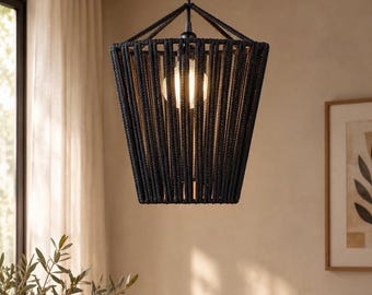 Handmade Black Macrame Chandelier, Modern Boho Lighting