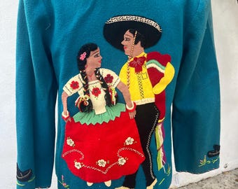 Vtg 50s Mexican Embroidered Wool Souvenir Jacket Tourist Folk Art