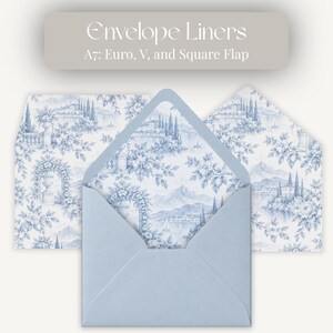 May include: A set of A7 envelope liners featuring a blue and white toile landscape pattern with mountains, trees, and architectural elements. The text reads Envelope Liners A7: Euro, V, and Square Flap. The liners are displayed with a light blue envelope.