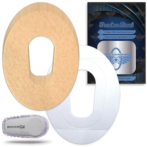 May include: A pack of 10 beige Freedom Band patches for diabetic CGM and insulin pump protection. The patches are designed to protect the device from snags and bumps. The packaging includes the text "Freedom Band" and "Diabetic CGM & Insulin Pump Protection".