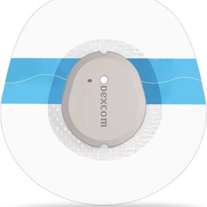 May include: A white, round, adhesive patch with a blue stripe and a small, gray, round sensor with the word "dexcom" printed on it.