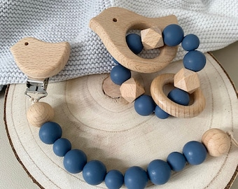 Set aus Schnullerkette und Greifling Vogel blau