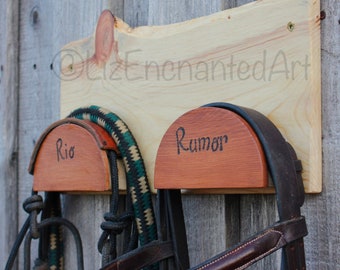 Bridle Racks - Rein Hanger - Tack Room - At The Barn - Hanger for Halters - Live Edge Stable Sign - Personalized Horse Name