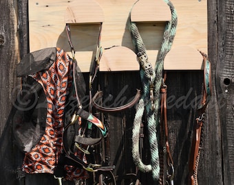 5 Stall Bridle Rack - Rein Hangers - Tack Room - At The Barn - 2 Tier Halter Hanger - Live Edge Stable Sign - Personalized Horse Name
