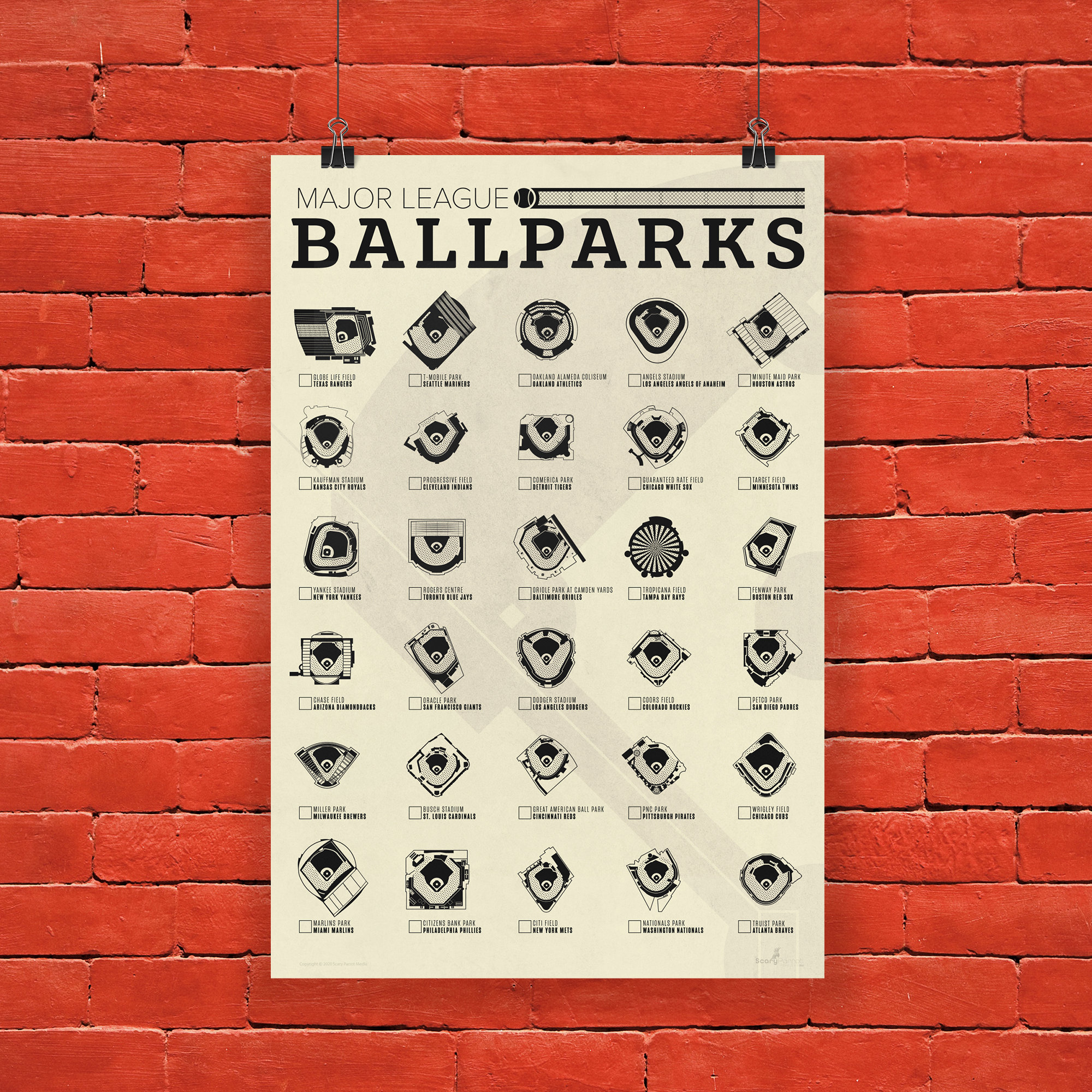 MLB Ballpark Checklist Poster 2020 Major League Baseball Etsy