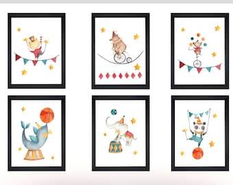 Circus Animals Prints Set of 6 – Kids Nursery Art (Digital Download)