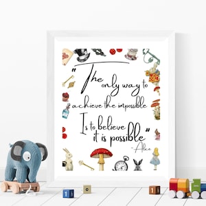 WHITE Alice in Wonderland Poster Inspirational Quote - Playroom Print - Nursery Art - Alice in Wonderland Wall Art - Digital Download