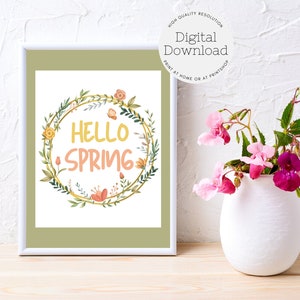 Hello Spring Floral Wreath Art Print – Pastel Colors (Digital Download)