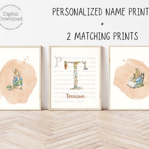 Custom Peter Rabbit Initial Print Kids - Set of 3 prints - Personalized Name Print - Nursery Art - Beatrix Potter Wall Art  Digital Download