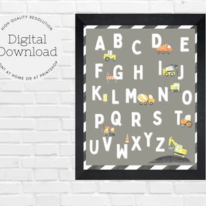 Alphabet Construction Themed Watercolor Trucks, PRINTABLE Newborn Baby Boy Wall Art, Toddler Bedroom Decor, Digital Download, ABC Trucks