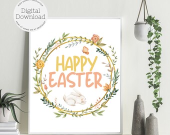 Happy Easter Bunny Print - Floral Wreath Wall Art (Digital Download)