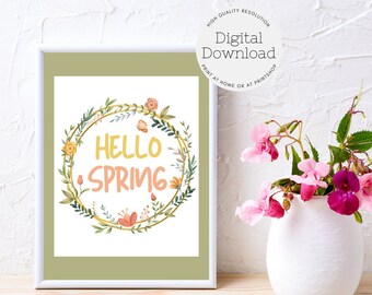 Hello Spring Floral Wreath Art Print – Pastel Colors (Digital Download)