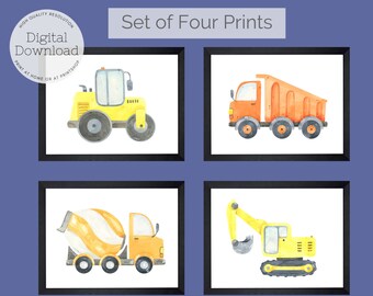 Construction Trucks Watercolor Prints, Set of Four, Nursery Decor (Digital Download)