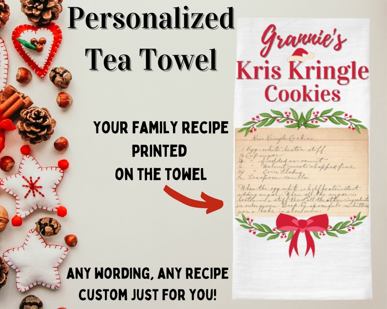 Christmas Tea Towel Family Recipe Tea Towel Custom Tea Towel Family Gift Baker's Gift New home gift Personalized Family Recipe image 1