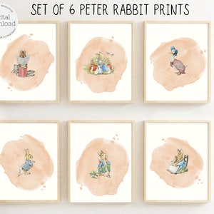 Peter Rabbit Set of 6 Prints PEACH - Nursery Art - Beatrix Potter Wall Art  Digital Download - Peter Rabbit Printable Art - Flopsy Mospsy