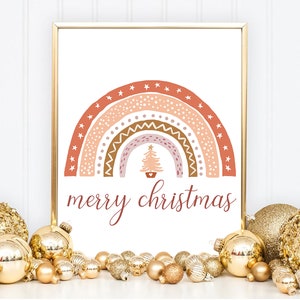 Boho Christmas Art -  Rosegold Christmas - Pink Christmas - Merry Christmas Rainbow Print - Digital Download -Christmas Art, Christmas Decor