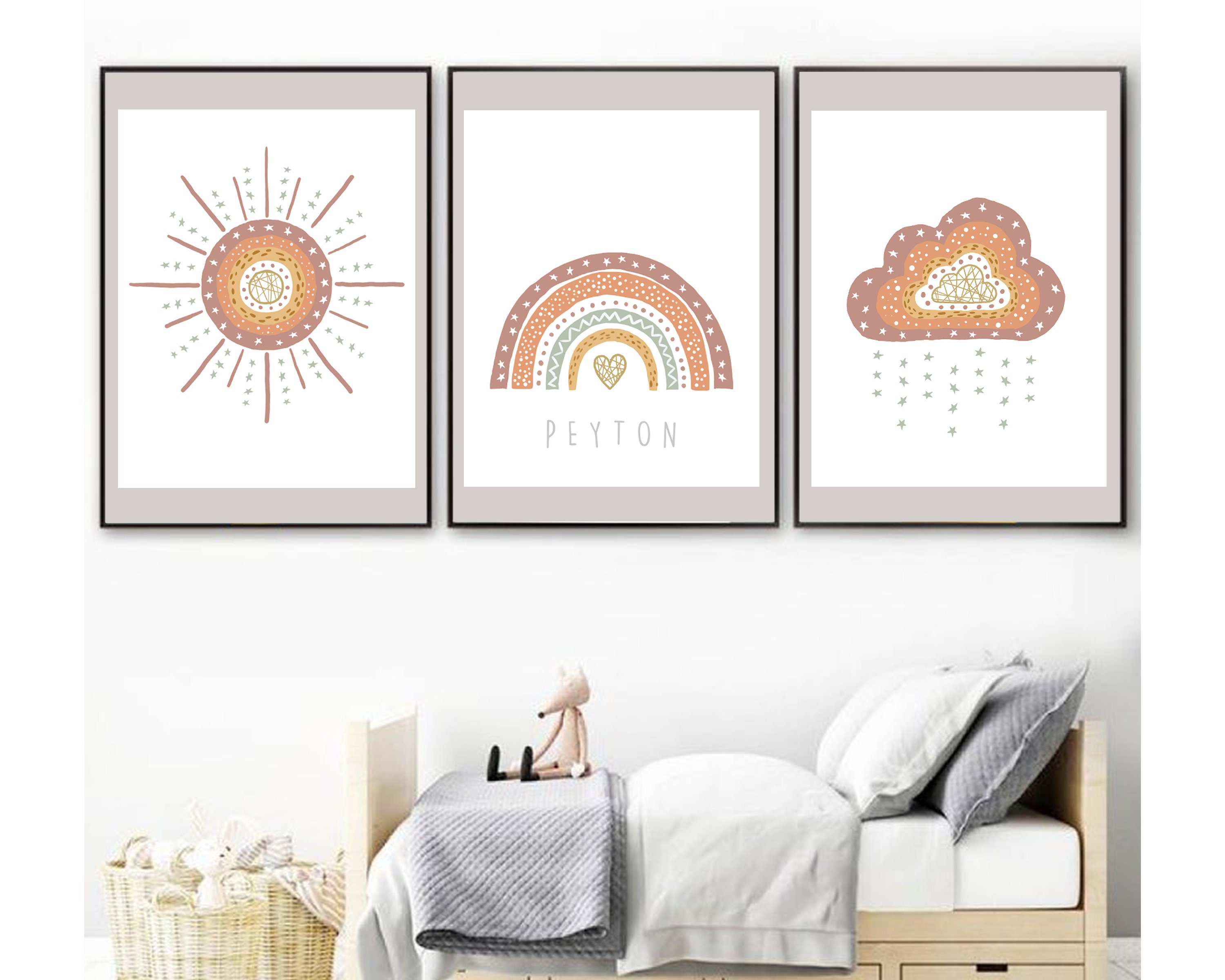 Set of 3 Prints Sun, Cloud and Personalized Rainbow 12 Color