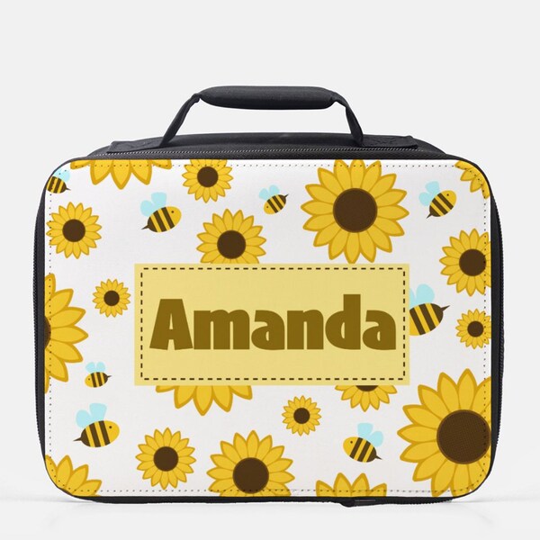 Personalized Sunflower and Bees Lunch Box - Yellow and White Sunflower lunch tote - Flower Custom name lunch bag - insulated lunch box