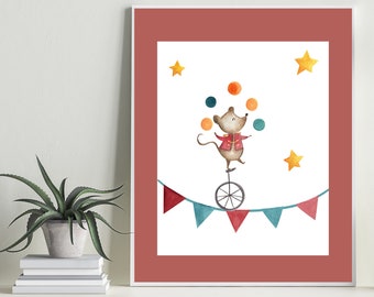 Circus Bear Unicycle Print – Kids Playroom Art (Digital Download)