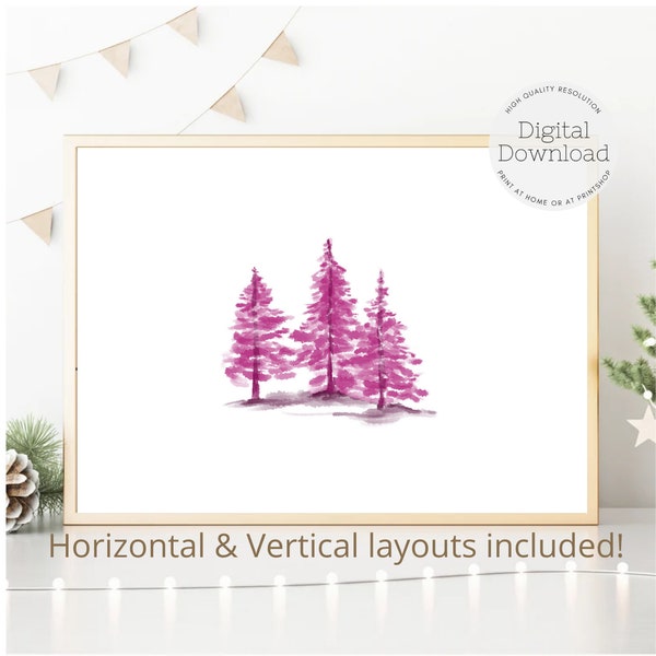 Watercolor Christmas Trees - Christmas Art - Christmas Decor - Pink Tree - Printable Christmas Art - Boho, Whimsical,  Bright Christmas Tree