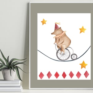 Circus Bear riding his bicycle on a tightrope Digital Print - Kids Room Art - Fun Circus Animal Poster - Nursery Art - Circus Playroom art