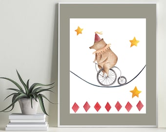 Circus Bear Tightrope Bicycle Print – Kids Nursery Art (Digital Download)
