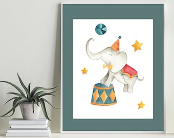 Circus Elephant Art Print – Whimsical Kids Room Decor (Digital Download)