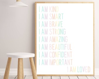 Kind Smart Brave Strong Print, Rainbow Pastel Kids Room Art (Digital Download)