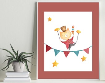Circus Cat Tightrope Walker Print – Kids Nursery Art (Digital Download)