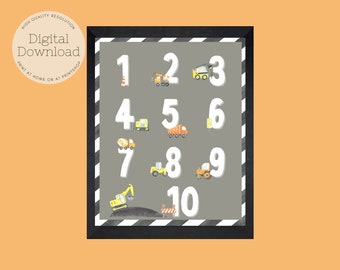 Construction Truck Numbers Print, Watercolor Nursery Decor (Digital Download)