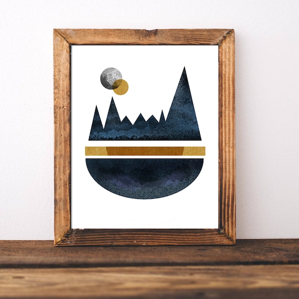 Single Print - Modern Landscapes Print -  MCM, Printable Art, Modern Nature Shapes, Geometric Art Print - Navy, Gray, Brass