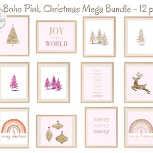 Kerst afdrukbare muurkunst, boho kerstset van 12 prenten, kerstgalerijset, roze kerstkunst, bohokerstmis, megabundelkunst