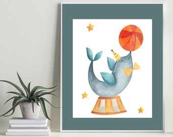 Circus Seal Kids Room Print – Whimsical Animal Nursery Art (Digital Download)