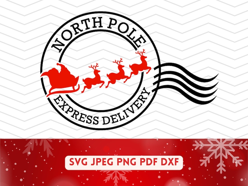 May include: A circular design featuring the text "NORTH POLE EXPRESS DELIVERY" with Santa in a sleigh and reindeer. The design is in black and red, with a postmark style and a wavy background.