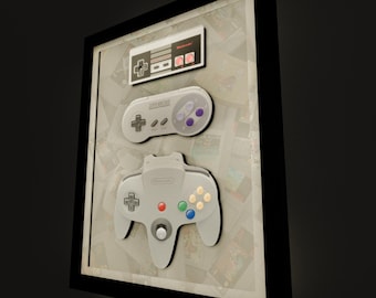 Nintendo Controller Evolution Deluxe Shadow Box Framed Art (Select a Size) (Choose a Background) (Optional Lighting)