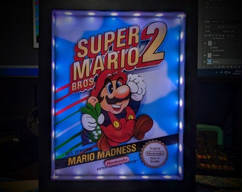 Super Mario Bros. 2 Boxart Shadowbox (Select a Size) (Optional Lighting)