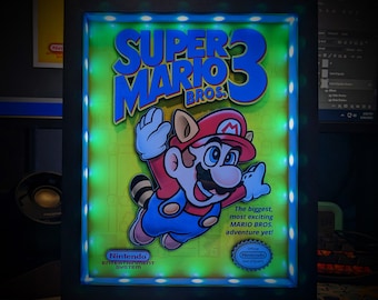 Super Mario Bros. 3 Boxart Shadowbox (Select a Size) (Optional Lighting)