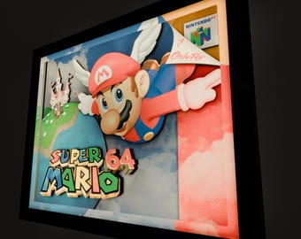 Super Mario 64 Box Art Deluxe Shadow Box Framed Art (Select a Size) (Optional Lighting)