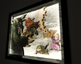 May include: A framed illustration of a fantasy battle scene. A green monster with sharp teeth attacks a red-haired warrior wielding a flaming sword. A small, green frog-like creature and a girl in a pink dress with a staff are also in the scene.