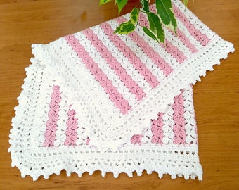 Crochet Baby Blanket with lace trim, newborn afghan travel stroller pram Victorian lace throw, pink, white baby girl gift mom to be grandmom